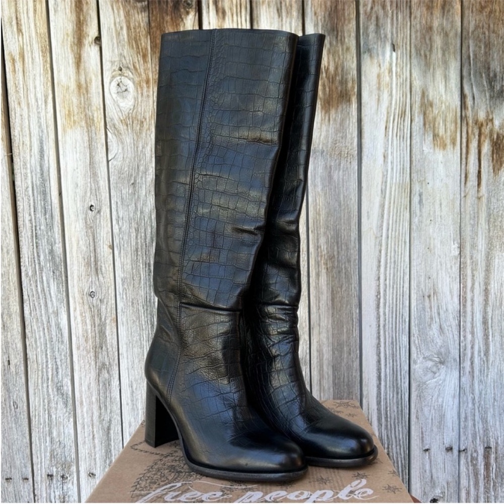 New Free People Grayson Tall Boot Leather Croc Print Black 37.5 - Picture 7 of 16